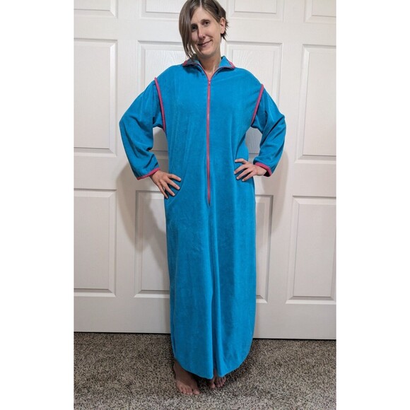 Vintage 80's David Brown for Saks Fifth Avenue Blue Velour Nightgown Maxi Size M - Picture 6 of 16